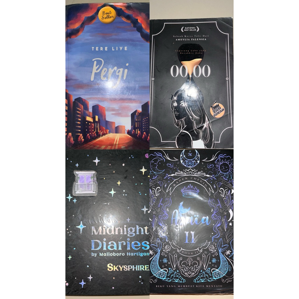 novel preloved ori: pergi, sepucuk angpau merah, daun yang jatuh tak membenci angin, komet minor. si