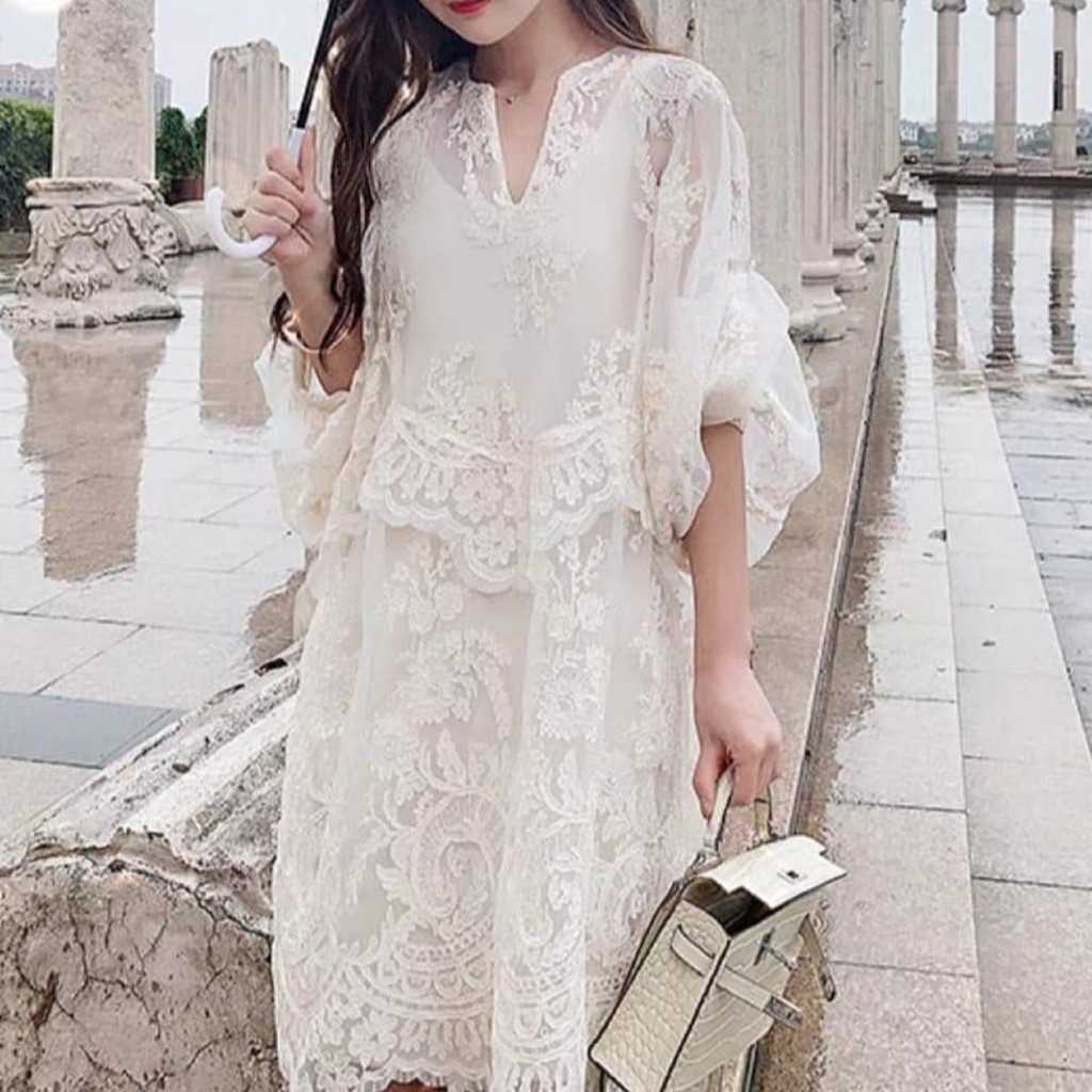 Stilisto COD [Pr15] Vessa Loose Dress 40068# Embroidered Loose Premium Dress Import Putih Elegan Wan
