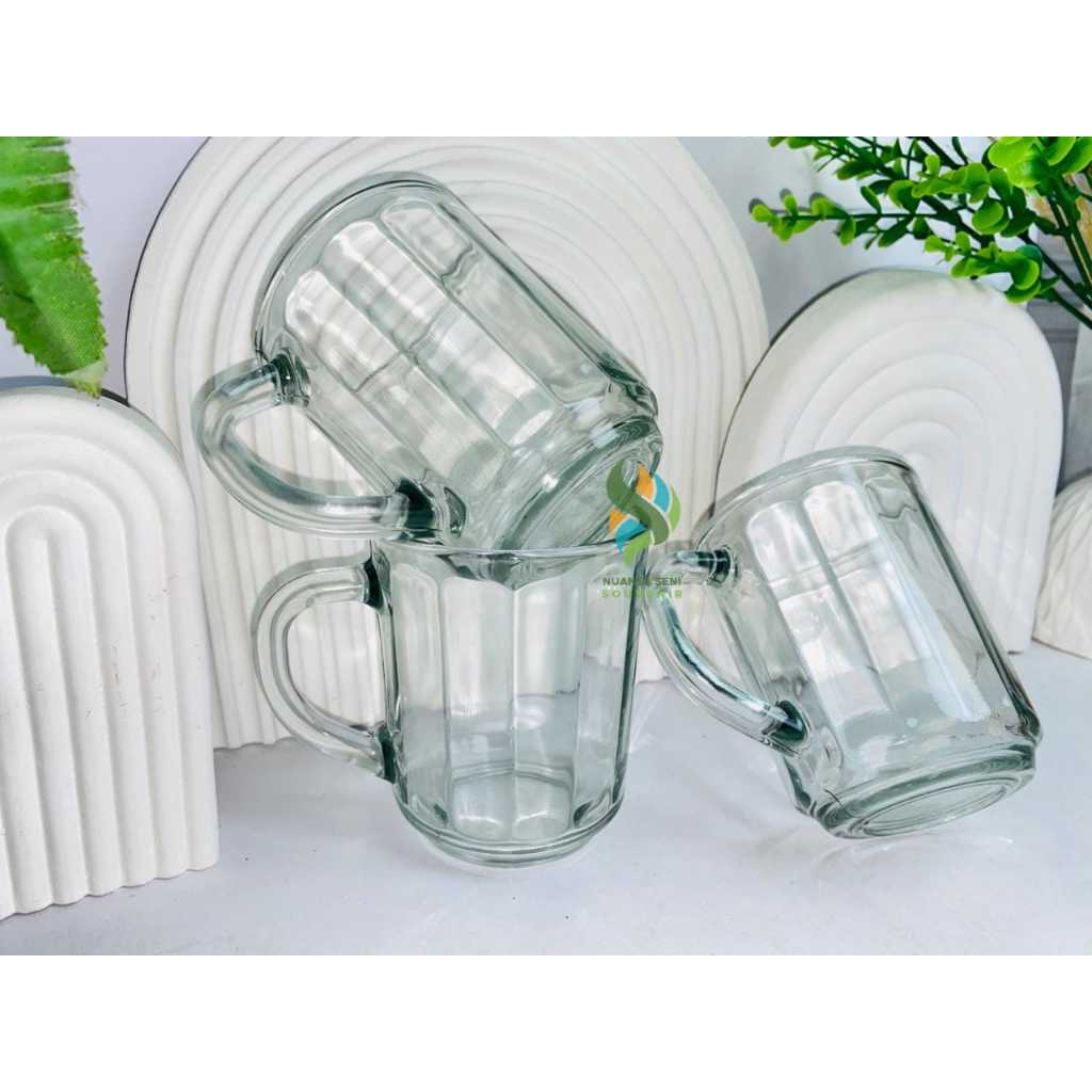 Souvenir Gelas Minum Gelas Gagang Kaca Gelas CG Garis Mug Gagang Kaca Motif Alur Cangkir Bening Polo