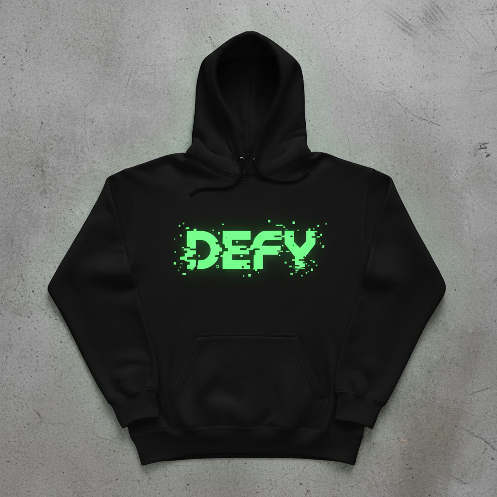 Hoodie DEFY Logo Glitch Pixel Cyberpunk Neon Green | Jaket Sweater Distro Oversize Aesthetic Digital