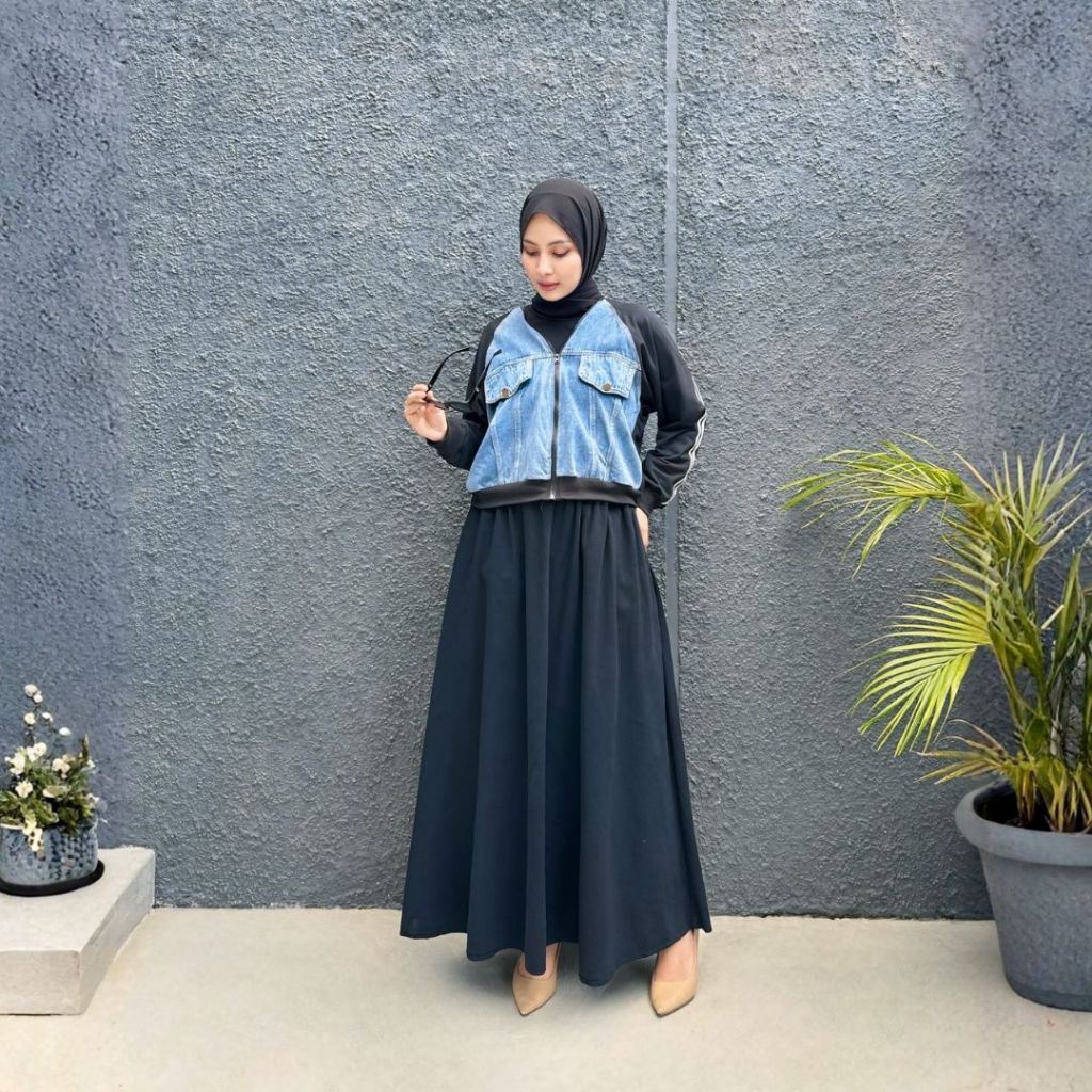 Oneset Jaket Crop Rok Jeans Denim Wanita LZS Muslimah Casual Celana Linen