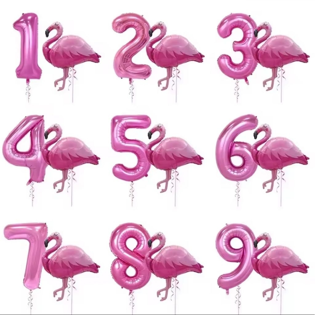 Set paket balon foil angka 80cm warna baby pink jumbo karakter burung flamingo bird hewan animal bin