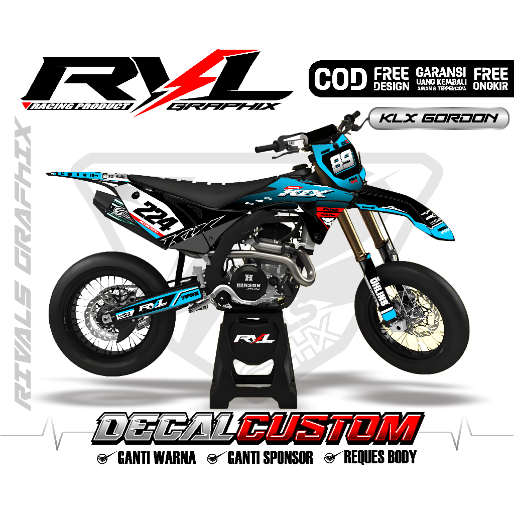 Decal sticker klx gordon full body custom gambar hologram -chrome-tebal biru kombinasi hitam