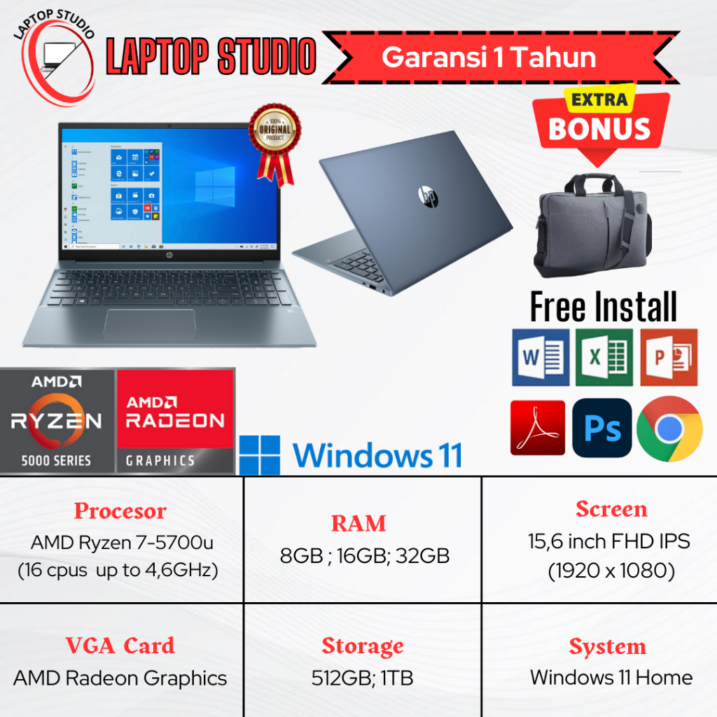 Laptop Baru Amd Ryzen 7 5700u  | Amd Ryzen 7 7730u SSD Blue/Silver