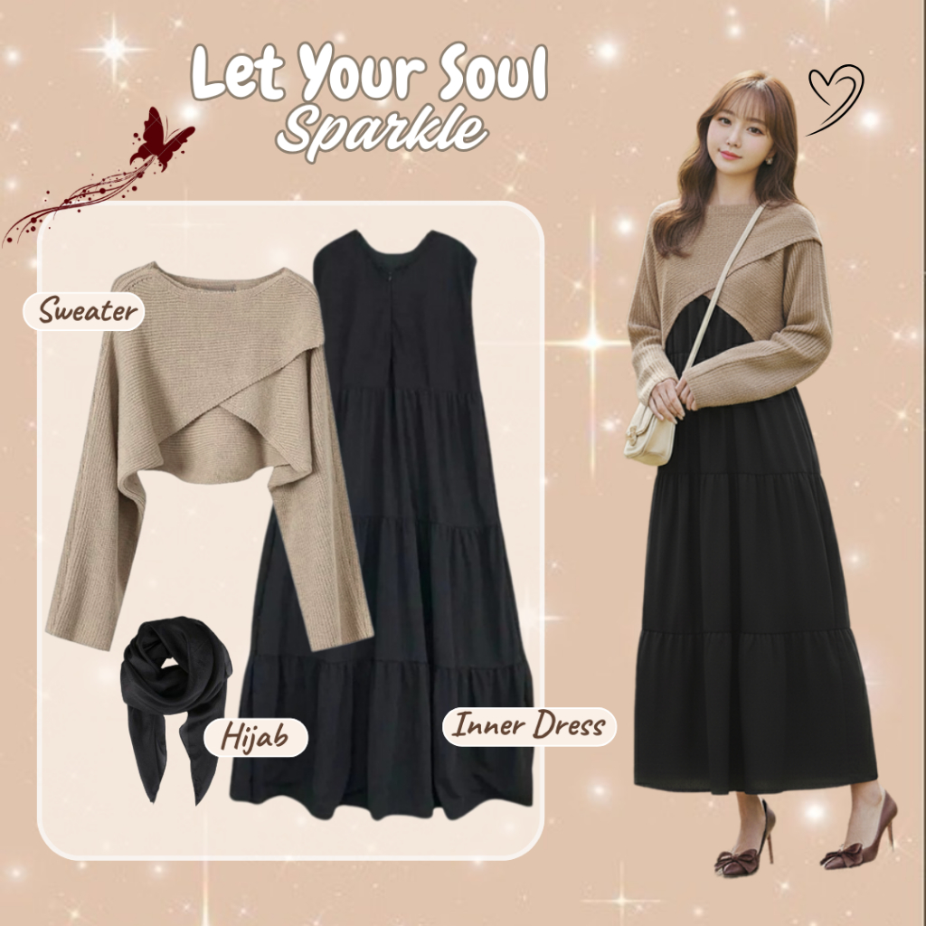 Ootd One Set Sweater Rajut Crop + Inner Dres + Hijab Bela Square | Outfit Remaja Korean Style Hijab