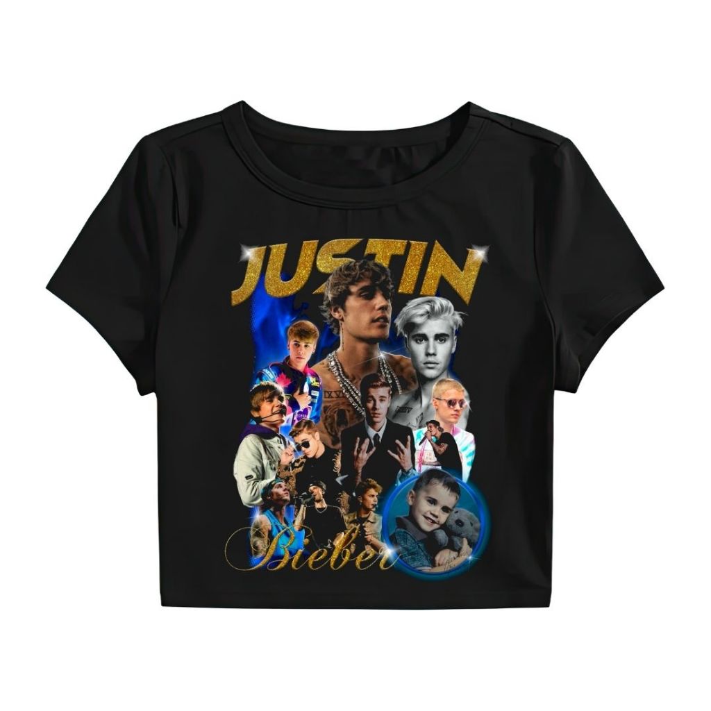 Kaos Crop Top "Justin Bieber" Hitam | Slimfit | Kaos Wanita | Crop Tee | Kaos Music