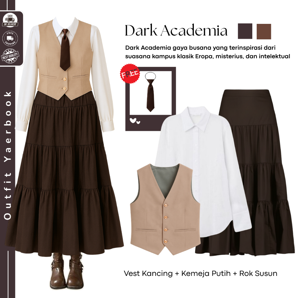 Ootd Yearbook Dark Academia Hijab ( Kemeja Basic + Vest Navy + Rok Susun) OOTD Yearbook Viral Kekini