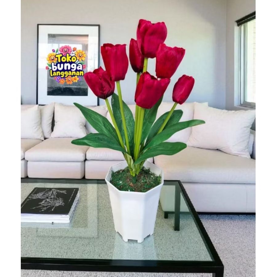 Rangkaian Bunga Tulip Artificial 7 Kuntum dengan Pot Tirus Melamin