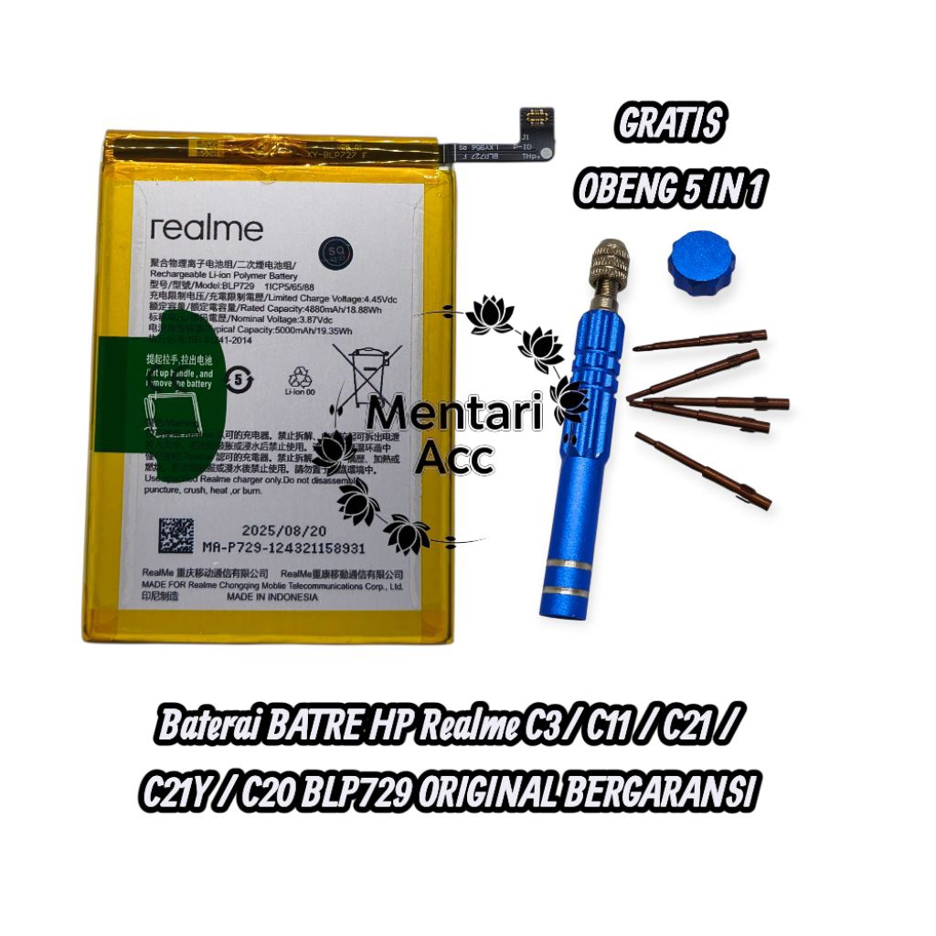 Baterai BATRE HP Realme C3/ C11 / C21 / C21Y / C20 BLP729 ORIGINAL BERGARANSI  GRATIS OBENG 5 IN 1