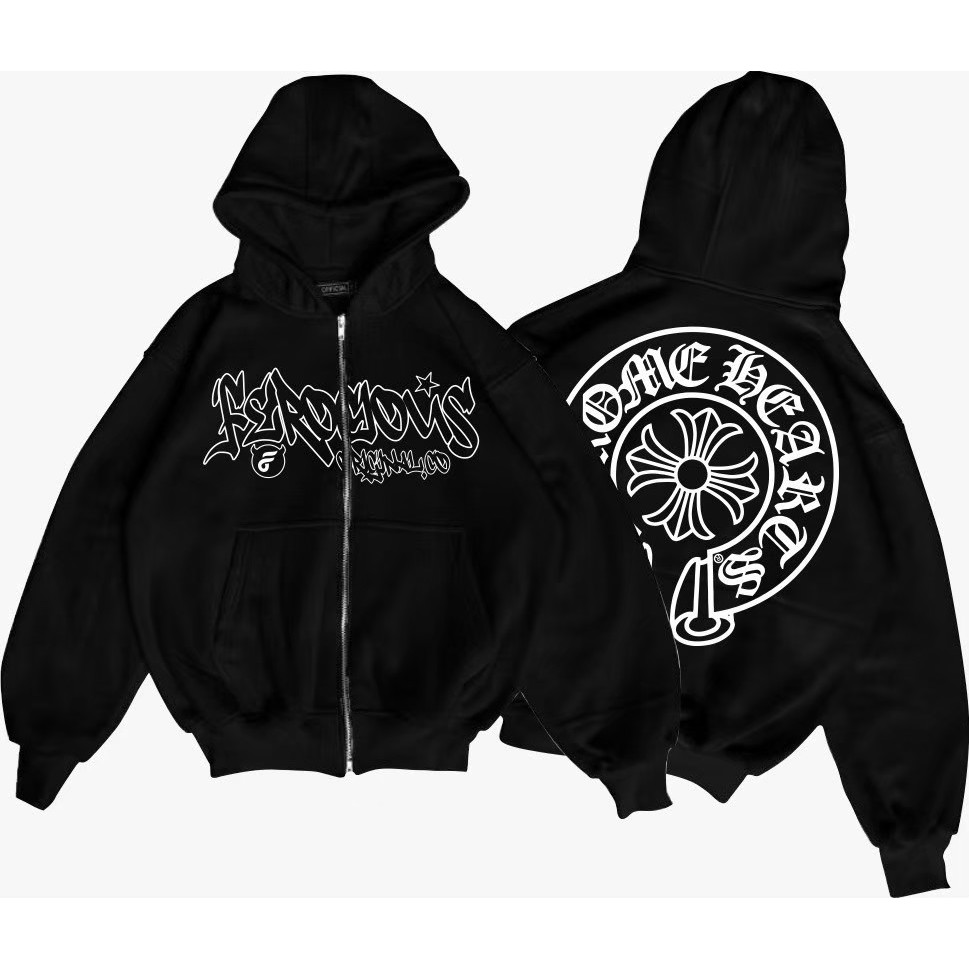 Jacket Hoodie Boxy Zipper Hitam Chrome Hearts Clover Unisex Premium Quality Aesthetic Jumper