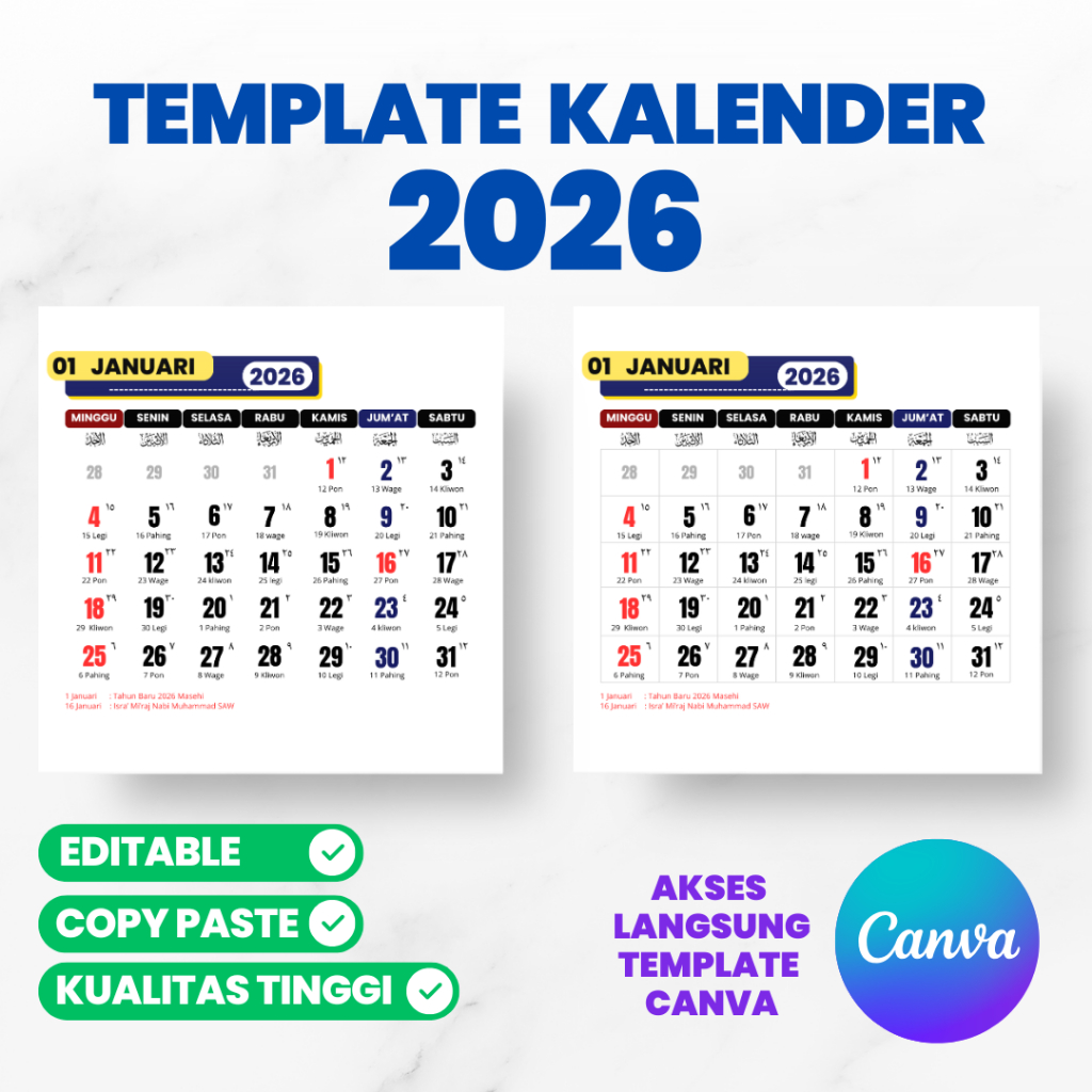 Template Kalender 2026 Canva Editable Lengkap Jawa, Hijriyah & Libur Nasional