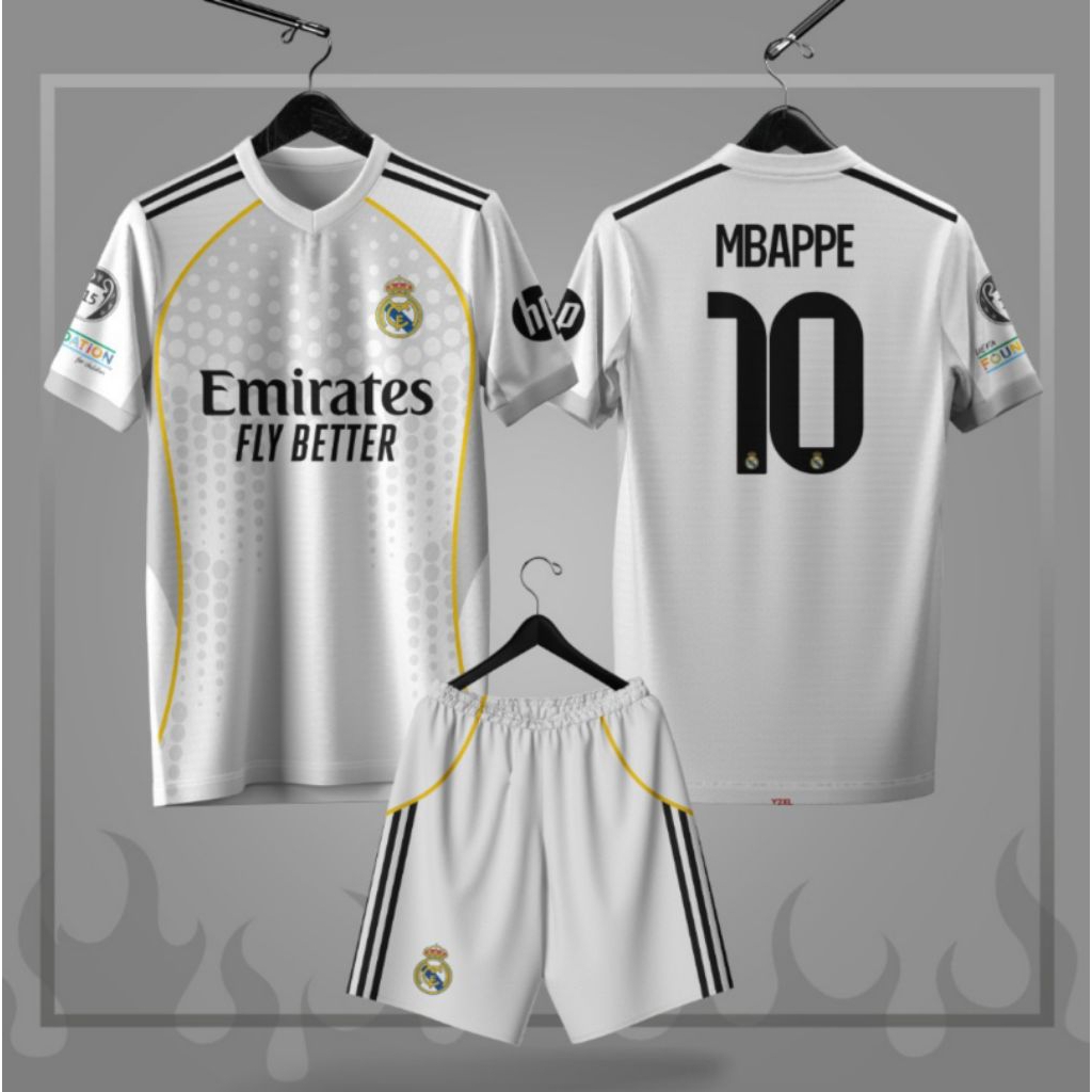Kaos bola anak mbappe realmadrid home putih 2025/2026 jersey bola anak desain full printing baju kao