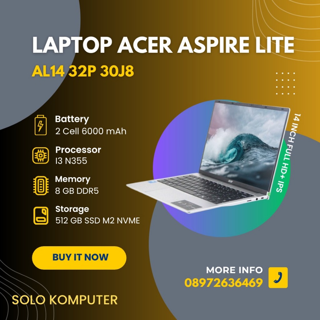 Core i3 terbaru Acer Aspire Lite 14 AL14-32p-30J8 with Intel Core 3 N355 and 8GB DDR5 RAM and WUXGA 