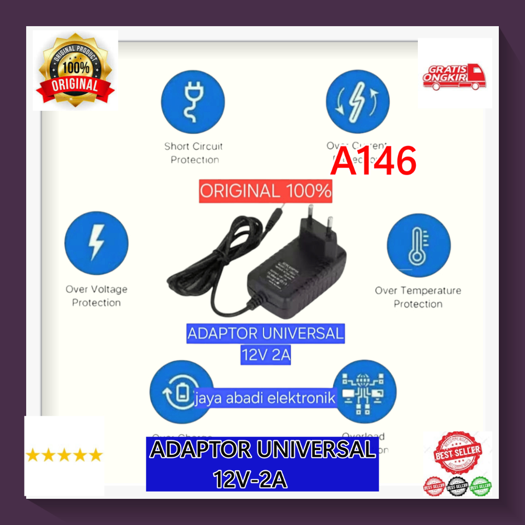 A146 ADAPTOR CHARGER UNIVERSAL Compatibel 5.5mm 2.1 mm Adaptor Multifungsi DC 12V 2A VOLT ADAPTER PO
