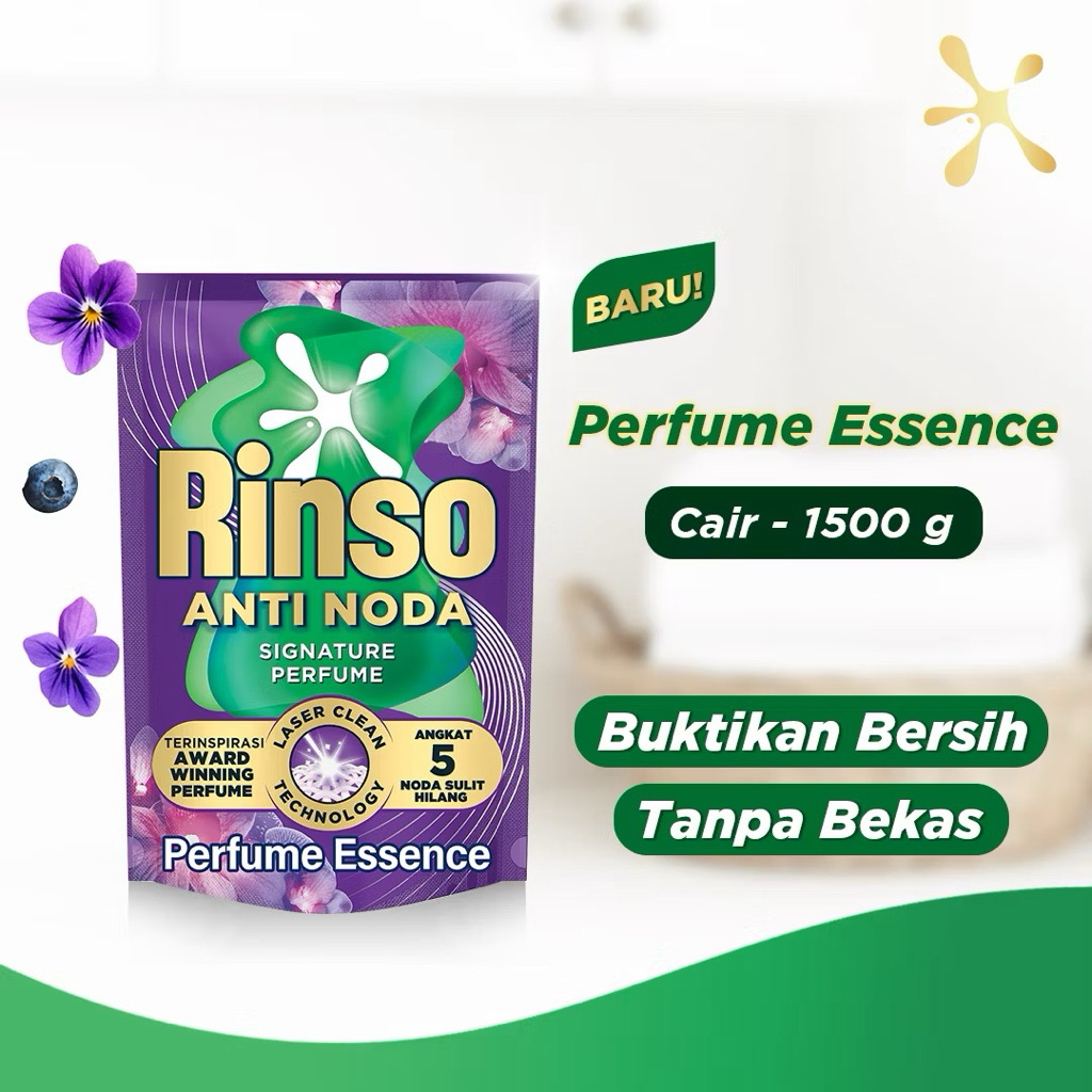 Rinso Baru Detergen Cair Perfume Essence 1.5 kg rinso cair kemasan isi ulang 1.5 liter