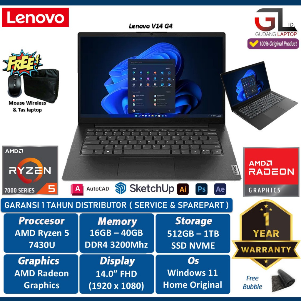 Lenovo V14 G4 AMD Ryzen 5 7430U 40GB 2TB SSD 14.0FHD Windows 11 Home
