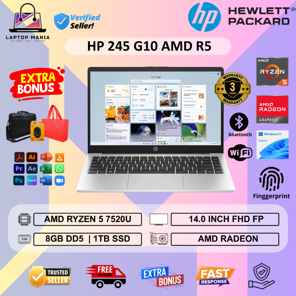 Laptop GAMING HP 245 G10 AMD Ryzen 5 7520 8GB 512GB 14 FHD Windows 11 Terbaru Original