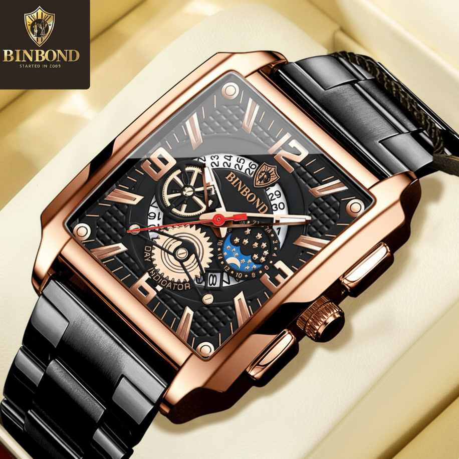 Jam Tangan Pria BINBOND C 25 Analog Dial Persegi Men Fashion Alloy Material Water Proof Quartz Watch