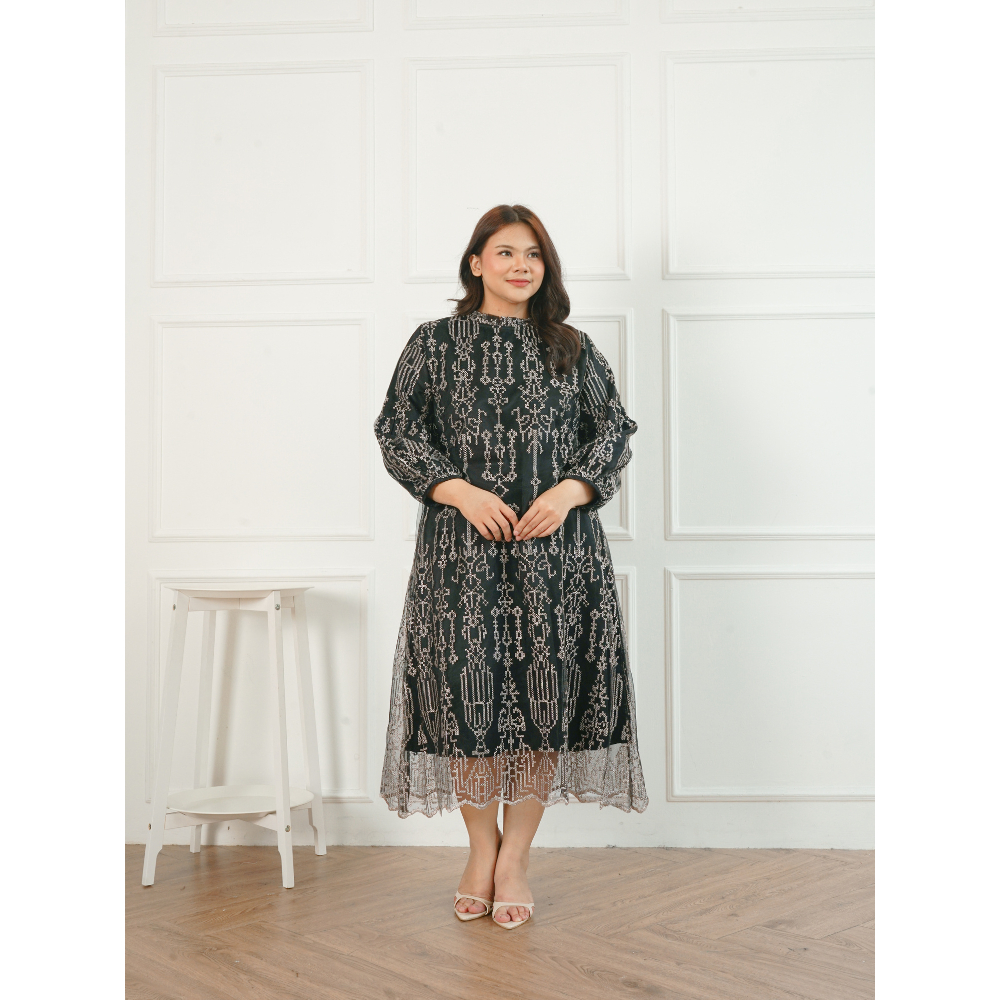 Xtramiles - Luenne Midi Dress Brokat XL - 4XL Big Size Jumbo | Midi Dress Gaun Wanita Brokat Premium