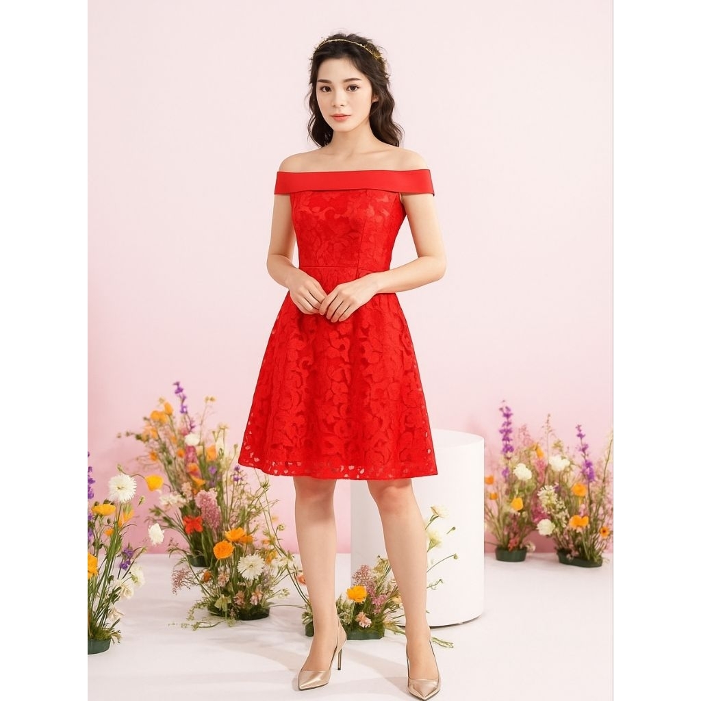 Dress Alisa Sabrina Brokat Natal Gaun Pesta Remaja Fh