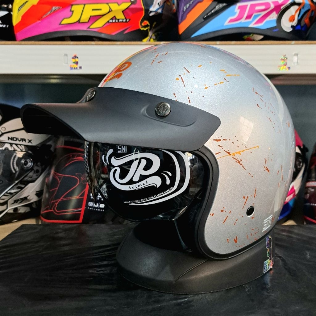 HELM JPX RETRO JP SIGNATURE OPEN FACE SO MOTIF 08 SILVER GLOSSY HALF FACE ORIGINAL SNI DOT | HELM RE