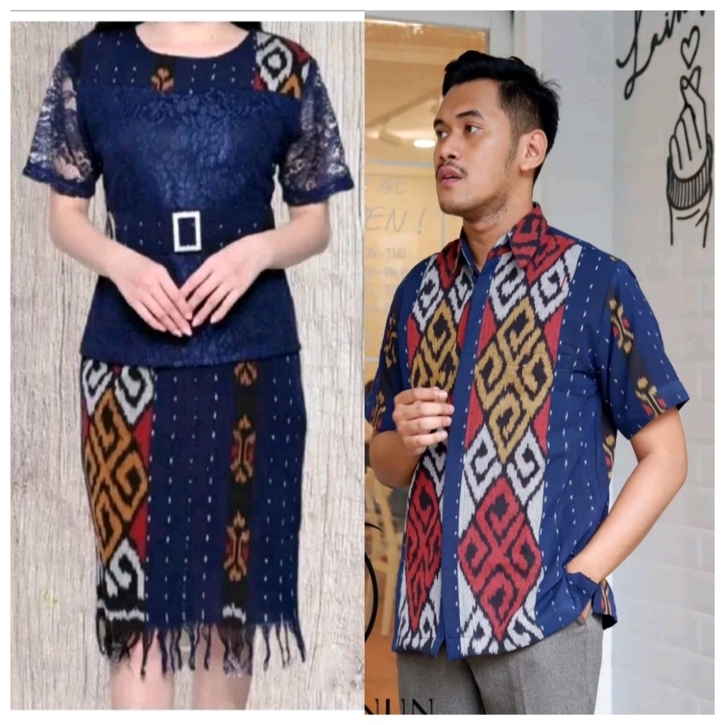 (NAVY)COUPLE TENUN KOMBINASI BRUKAT TERBARU-TENUN ETNIC-BAJU NATAL-BAJU PESTA-TENUN IKAT PREMIUM