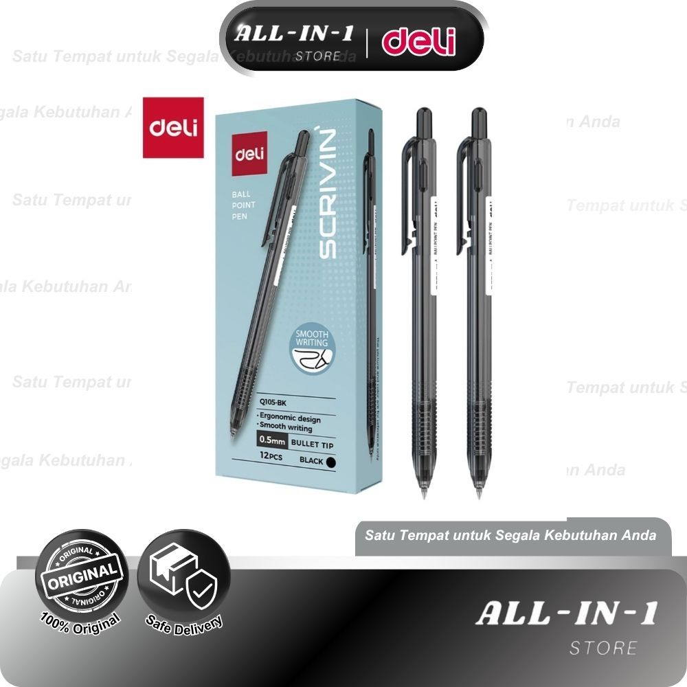 DELI EQ105-BK Ballpoint Hitam 0.7mm – Pulpen Deli Original Tinta Halus