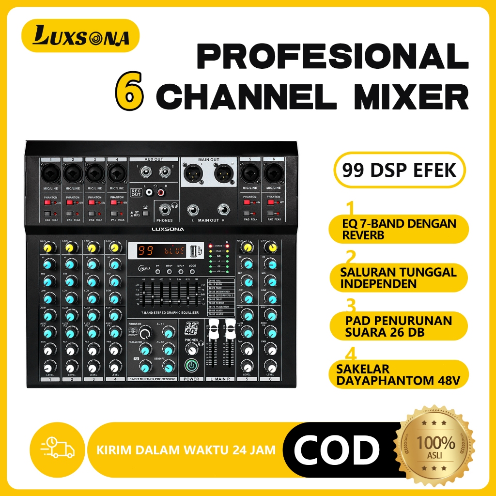 Mixer 6 channel digital/EQ 99dsp papan efek suara/misker 6 channel murah/mixer profesional EQ tujuh-
