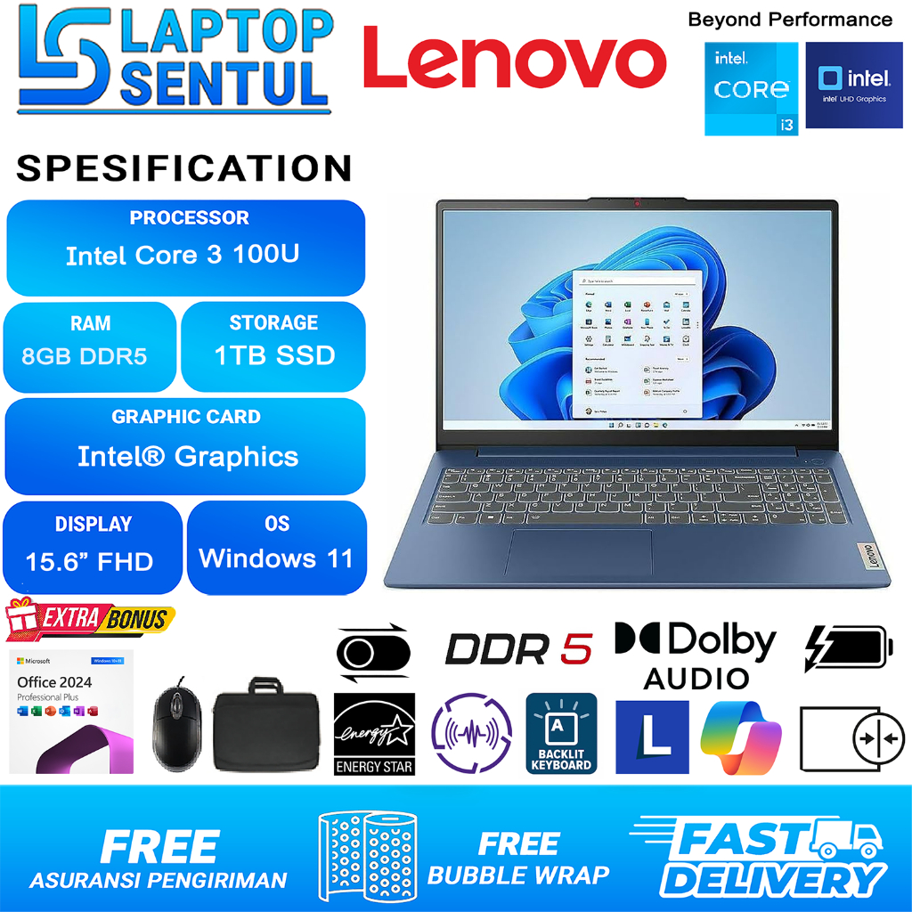 Laptop Touchscreen Lenovo Ideapad Slim 3i Intel Core i3 100U FHD IPS Windows 11 Office 2024 Blue