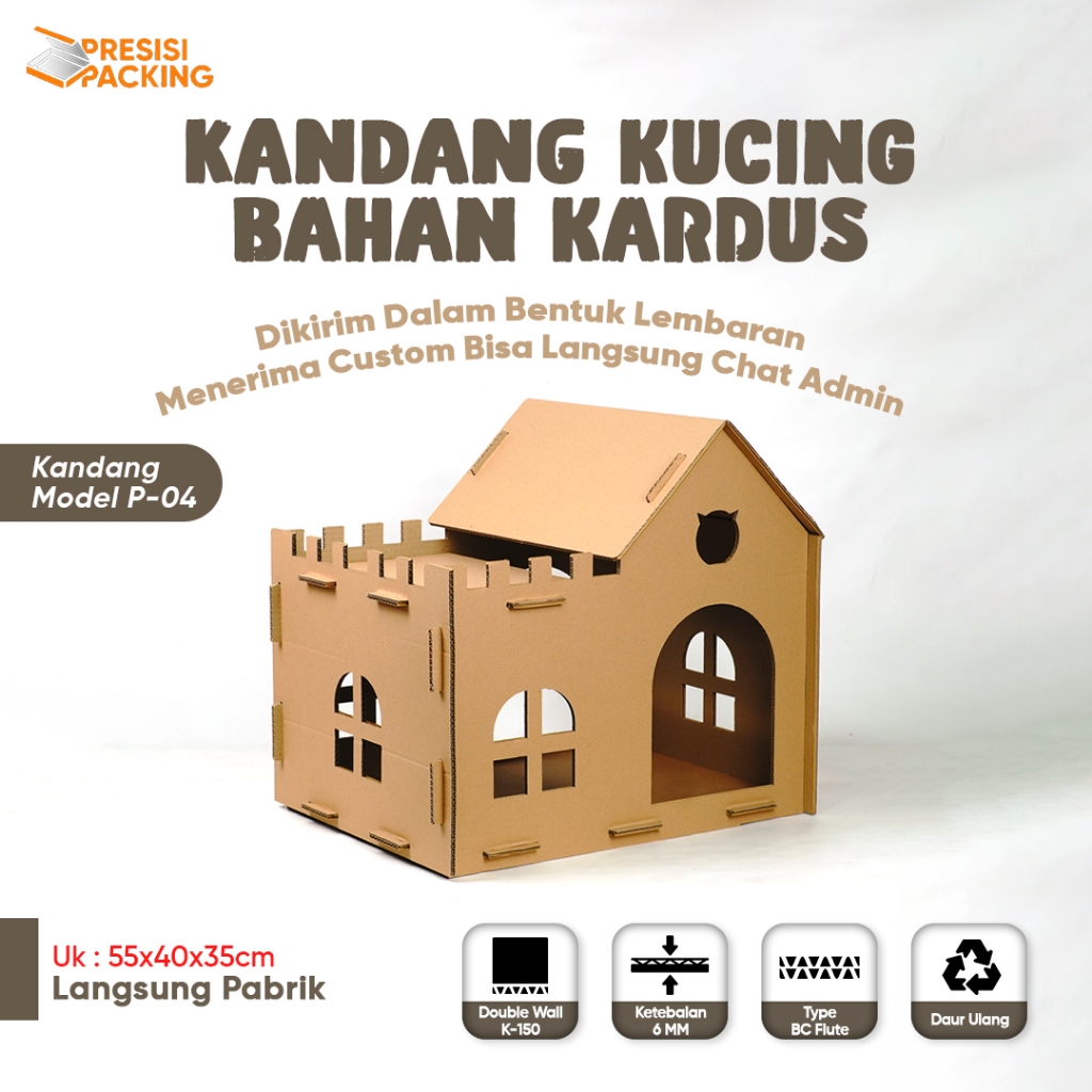 Rumah Kucing bahan kardus untuk mainan hewan peliharaan Premium P-04 Bahan Kardus 6mm Ukuran 55X40X5
