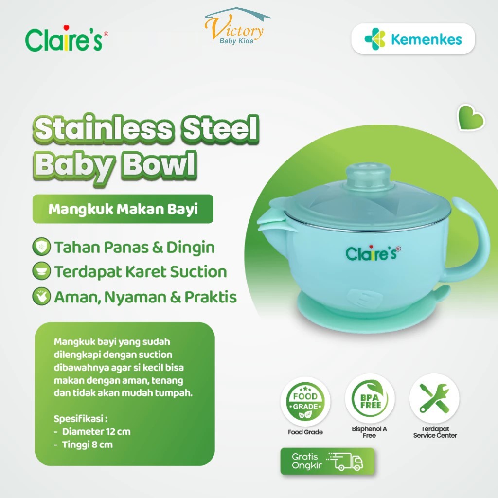Claire's Stainless Steel Baby Bowl ( Kids stainless steel suction bowl with hot water tank / Mangkuk