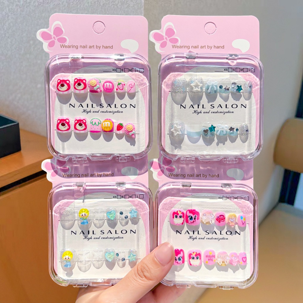 SKB7 Kuku palsu anak perempuan nail art set tempel 3D dengan lem motif beruang pink