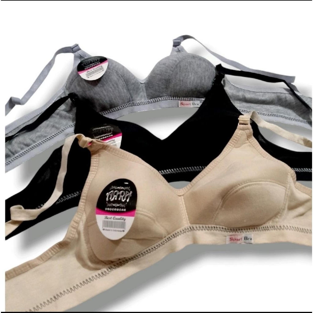 BH ISI 3/6PIS PAKAIAN WANITA BH BRA SPORT WANITA PEREMPUAN BUSA TIPIS TANPA KAWAT WARNA  HITAM ABU C