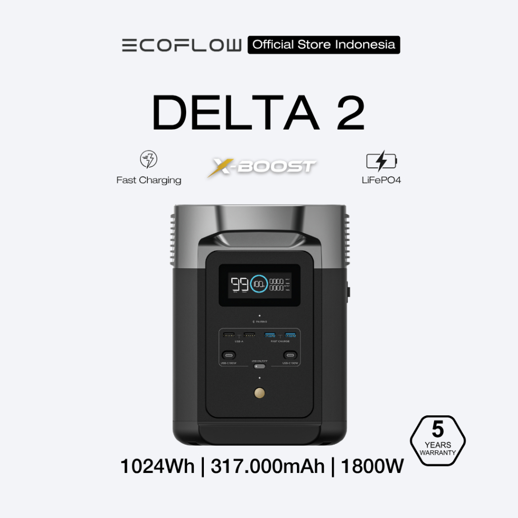 EcoFlow DELTA 2 Pembangkit Listrik Portabel 1800W, Baterai Dapat Diperluas, Pengisian Cepat X-Stream