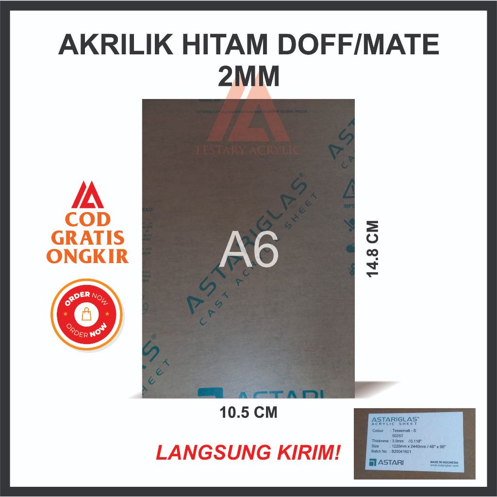 Akrilik 2mm Satin Hitam (Doff/Mate) Custom Ukuran A6
