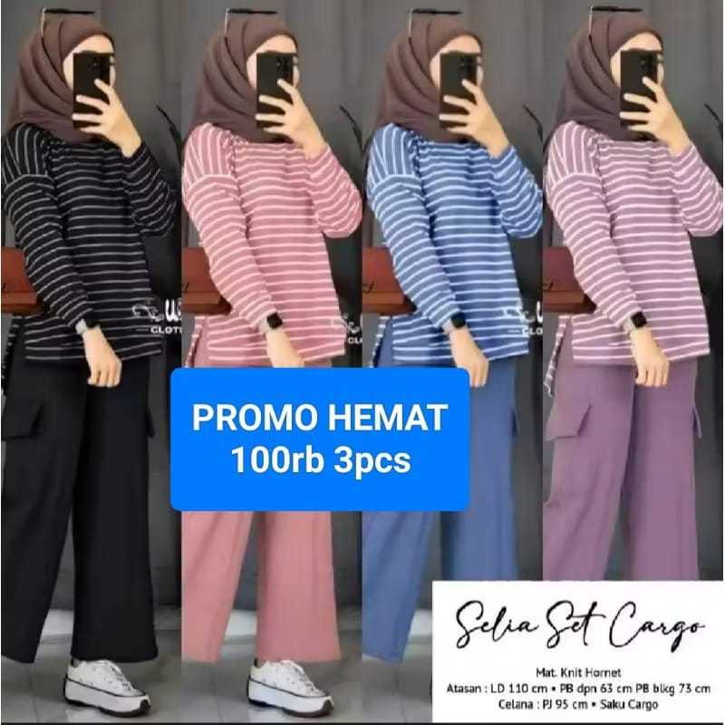 Set Wanita Mewah  100rb 3Pcs One Set Salur Cargo Cewek Model Korea Setcel Long Tunik Swtelan Cewek V