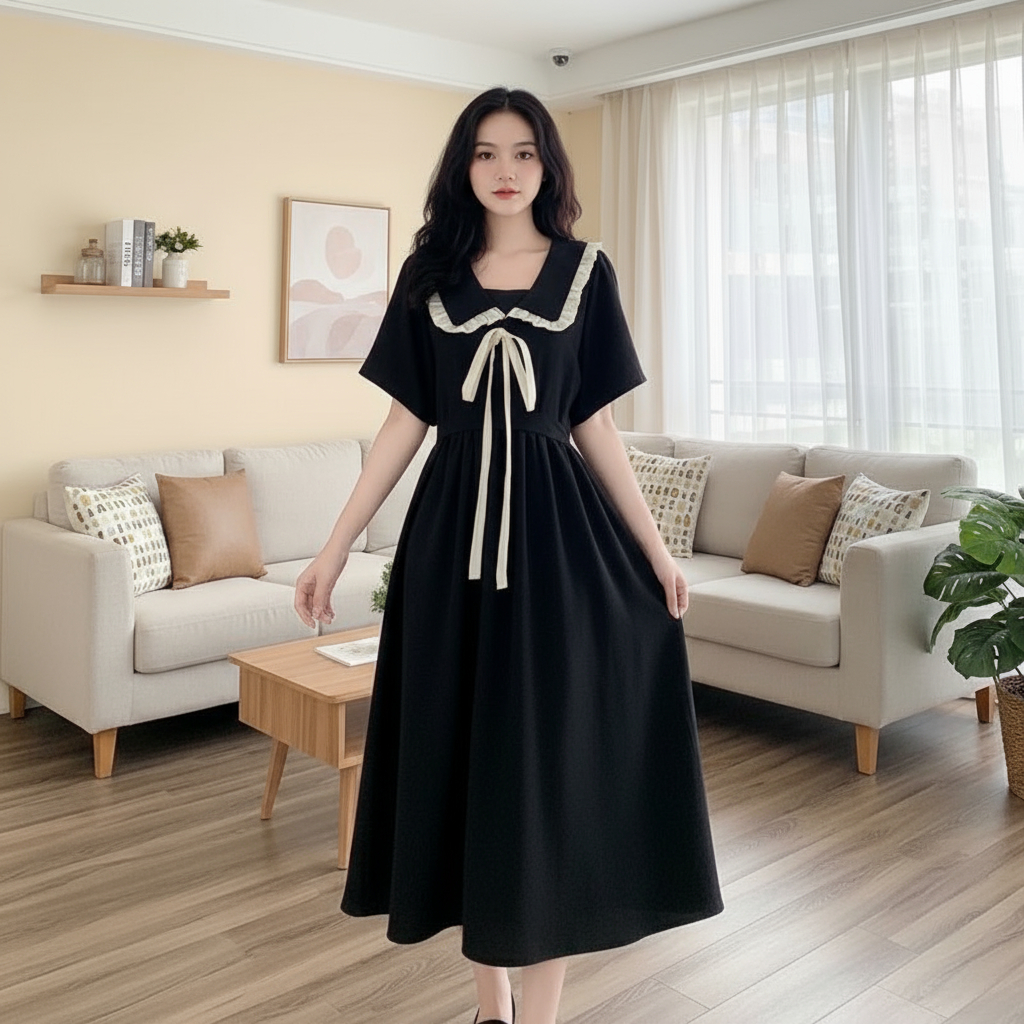 Rok hitam kerah ramping boneka kerah korean midi dress midi dress korea midi dress K039
