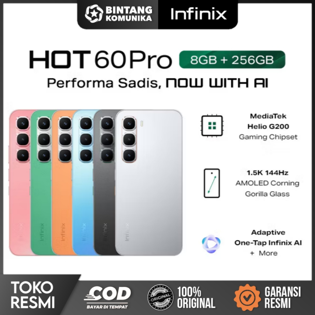 Infinix HOT 60 PRO 8/256GB MediaTek Helio G200 144Hz AMOLED HP Infinix Terbaru 2025 Garansi Resmi