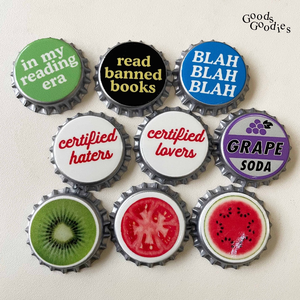 goodsgoodies Bottle Cap Pin / Pin Tutup Botol / Bottle Cap Pins Goofy Words Text Retro Vintage Harga