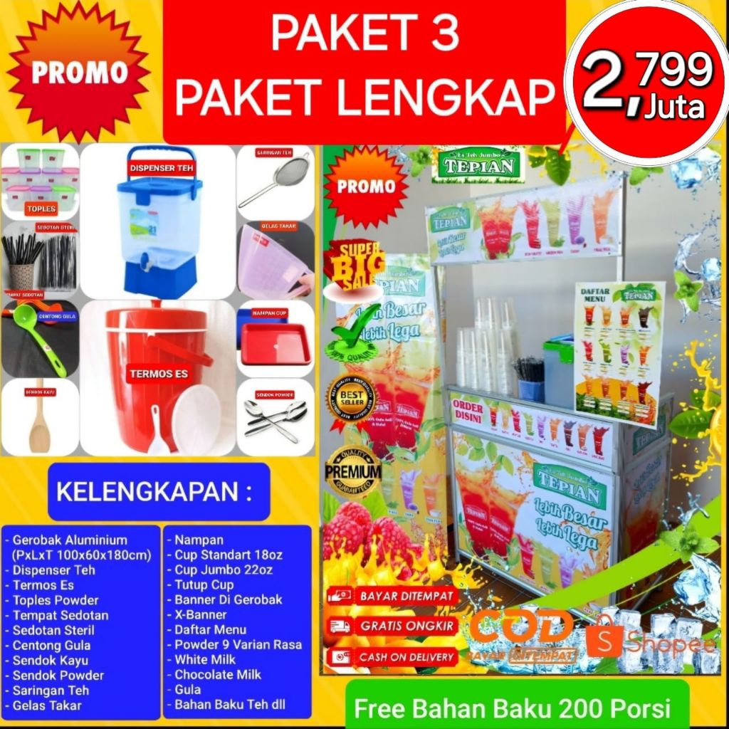 ES TEH JUMBO TEPIAN PAKET 3 KOMPLIT (DAPAT GEROBAK LIPAT)