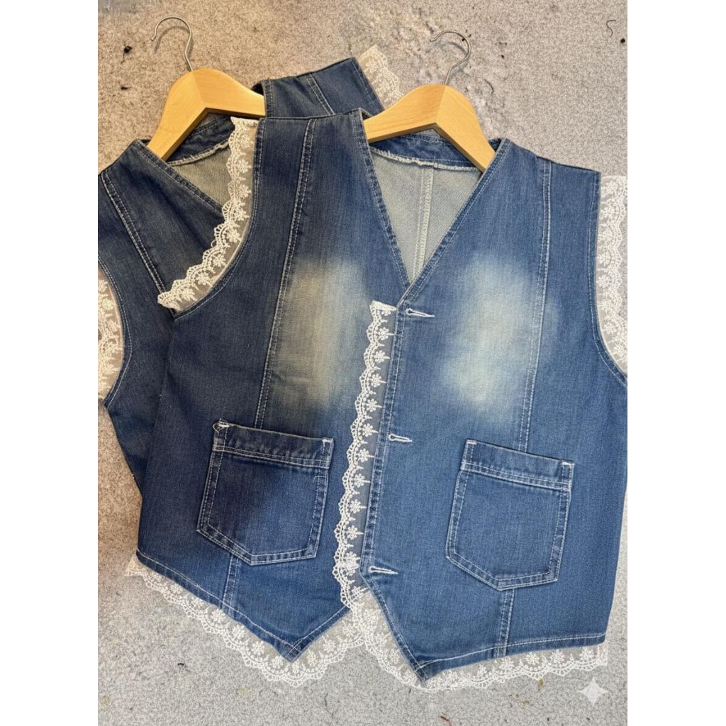 Vest Jeans Mix Renda - Vest Jeans Wanita Rompi Jeans Denim Mix Renda