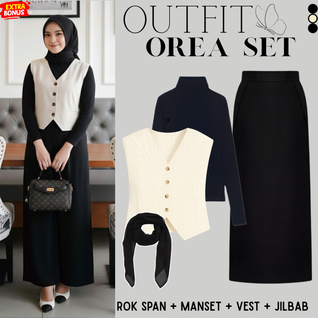 Orea Set Outfit Hijab Modis Wanita ( Rok Span + Manset + Vest + Jilbab ) Setelan Outfit Hangout Look