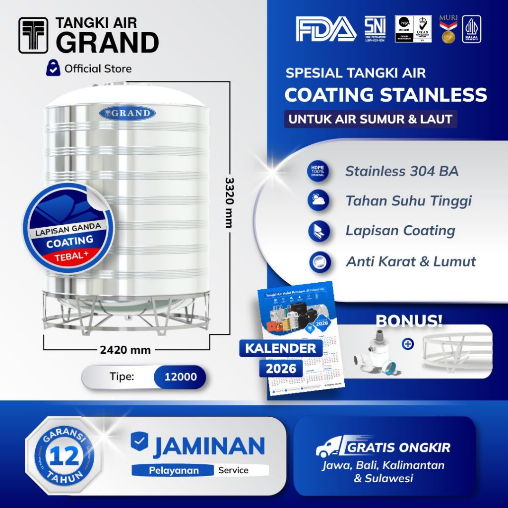 Grand Toren Tandon Tangki Air Stainless Coating TSVS 12000 Anti Lumut Garansi 12 Tahun