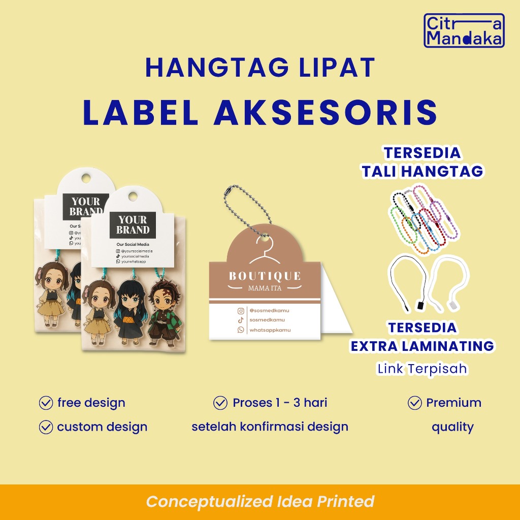 Kertas Label Gantungan Aksesoris Souvenir Custom 1 Sisi / Hang Tag Kemasan Penjepit Plastik