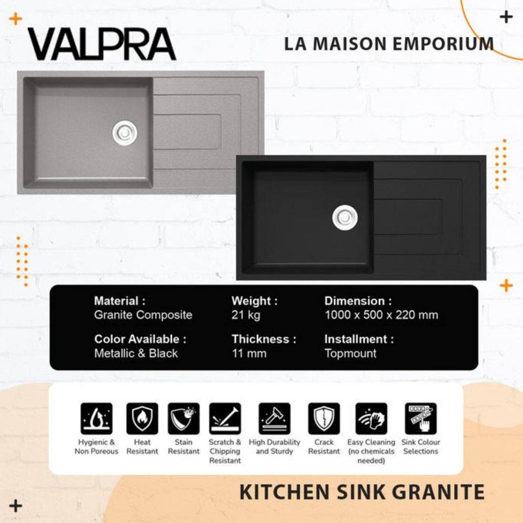 Kitchen Sink Granit Valpra 100x50 / Tempat Cuci Piring Hitam + Keran / Granite Composite Kitchen Sin