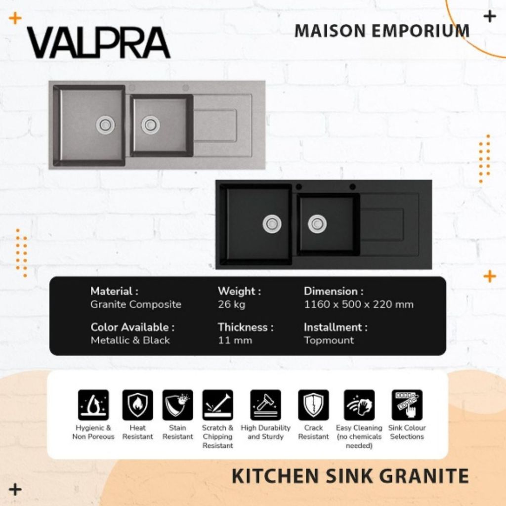 Kitchen Sink Granit Valpra 116x50 / Tempat Cuci Piring Hitam + Keran