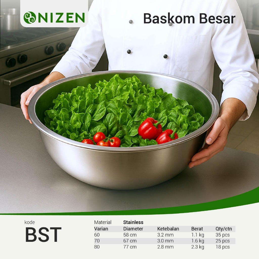 NIZEN Baskom Jumbo 50cm 60cm 60cm Stainless BGN MBG Wadah Makanan Cuci Sayur Buah Adonan Multifungsi