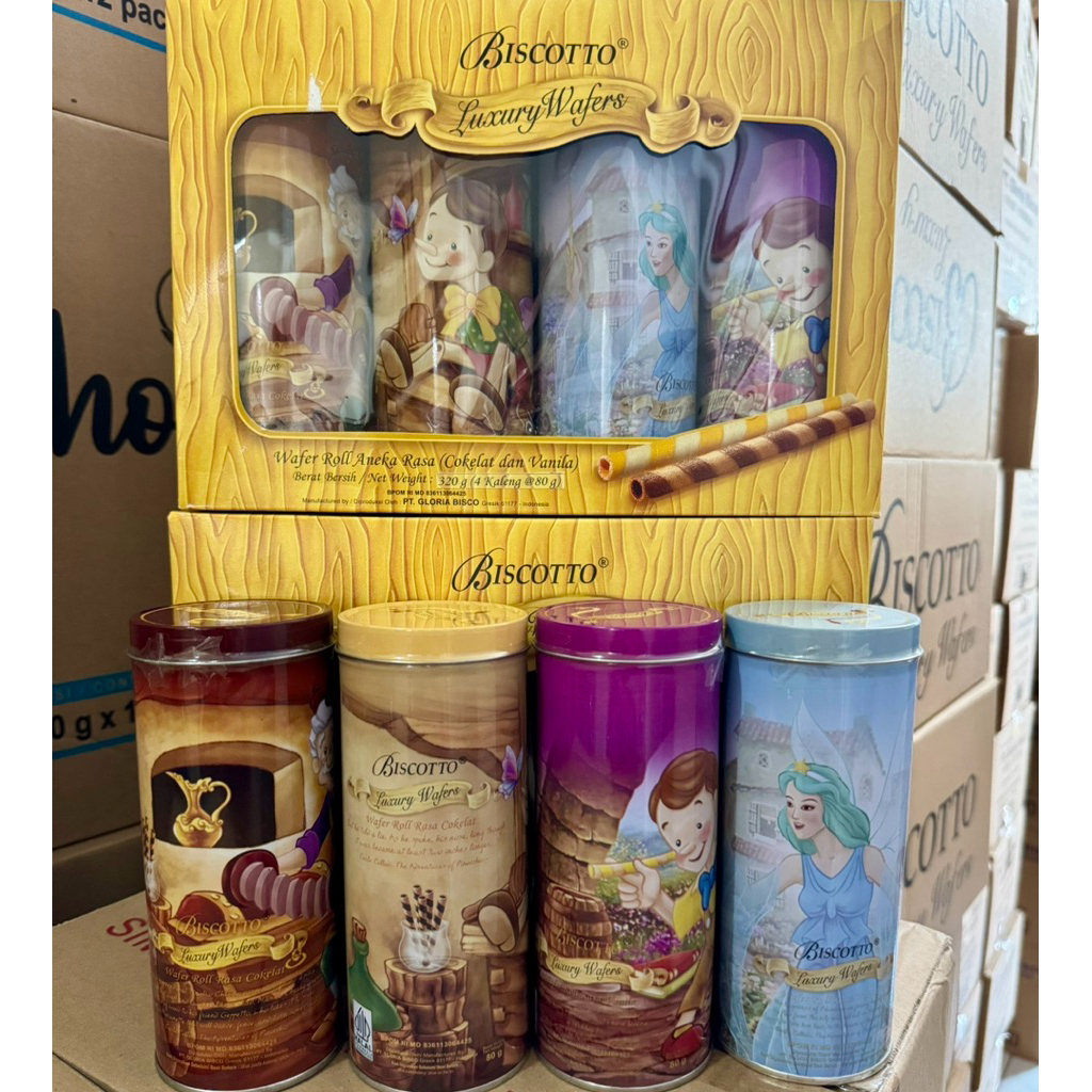 biscotto by biskitop wafer roll kaleng gift box 320gr(4x80gr) 1 KARTON isi 7