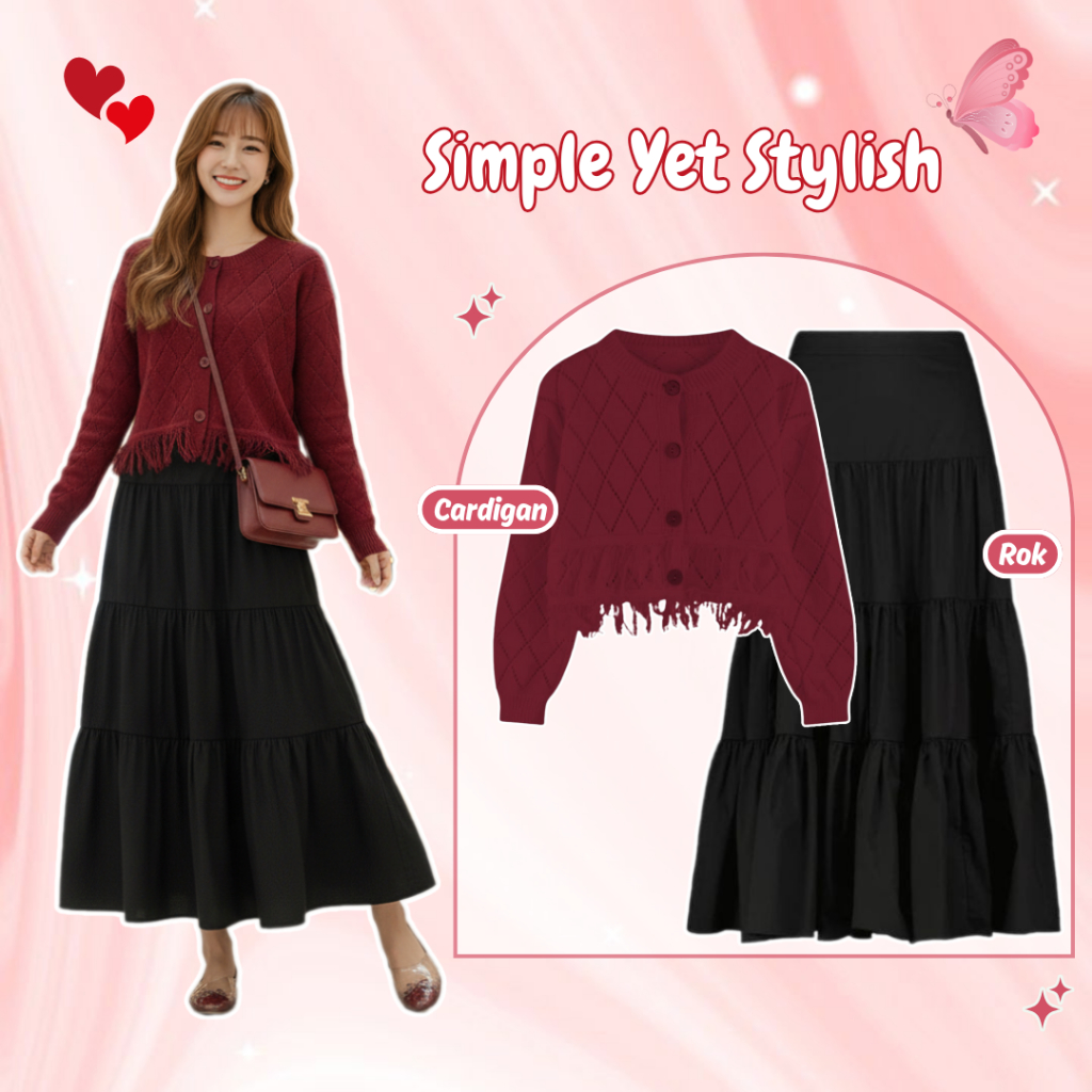 One Set Remaja Kekinian ( Cardigan Rajut Crop Top + Rok Ruffle Susun ) Outfit Natal | Ootd Cewek