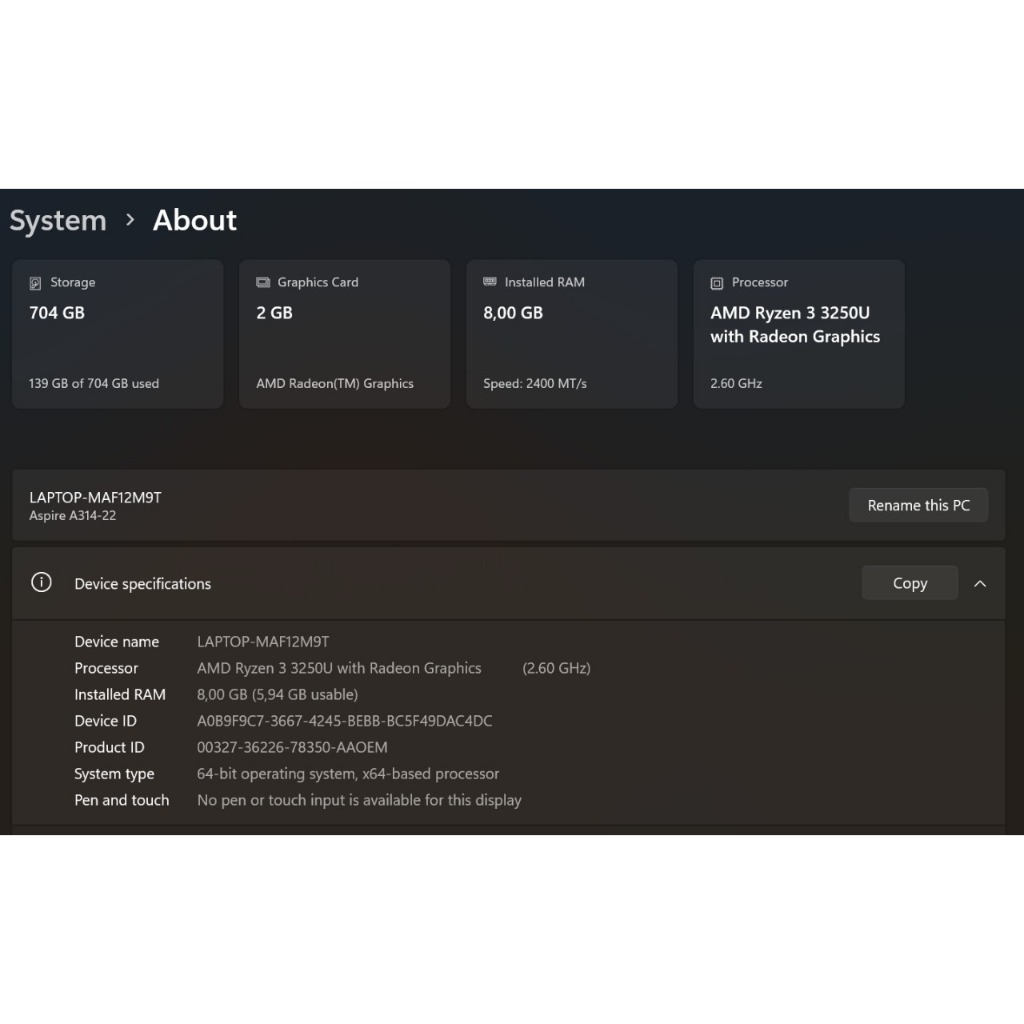 Laptop Leptop second ACER Aspire 3 Slim A314-22 (AMD Ryzen 3, 8GB, 256GB SSD Siap Pakai